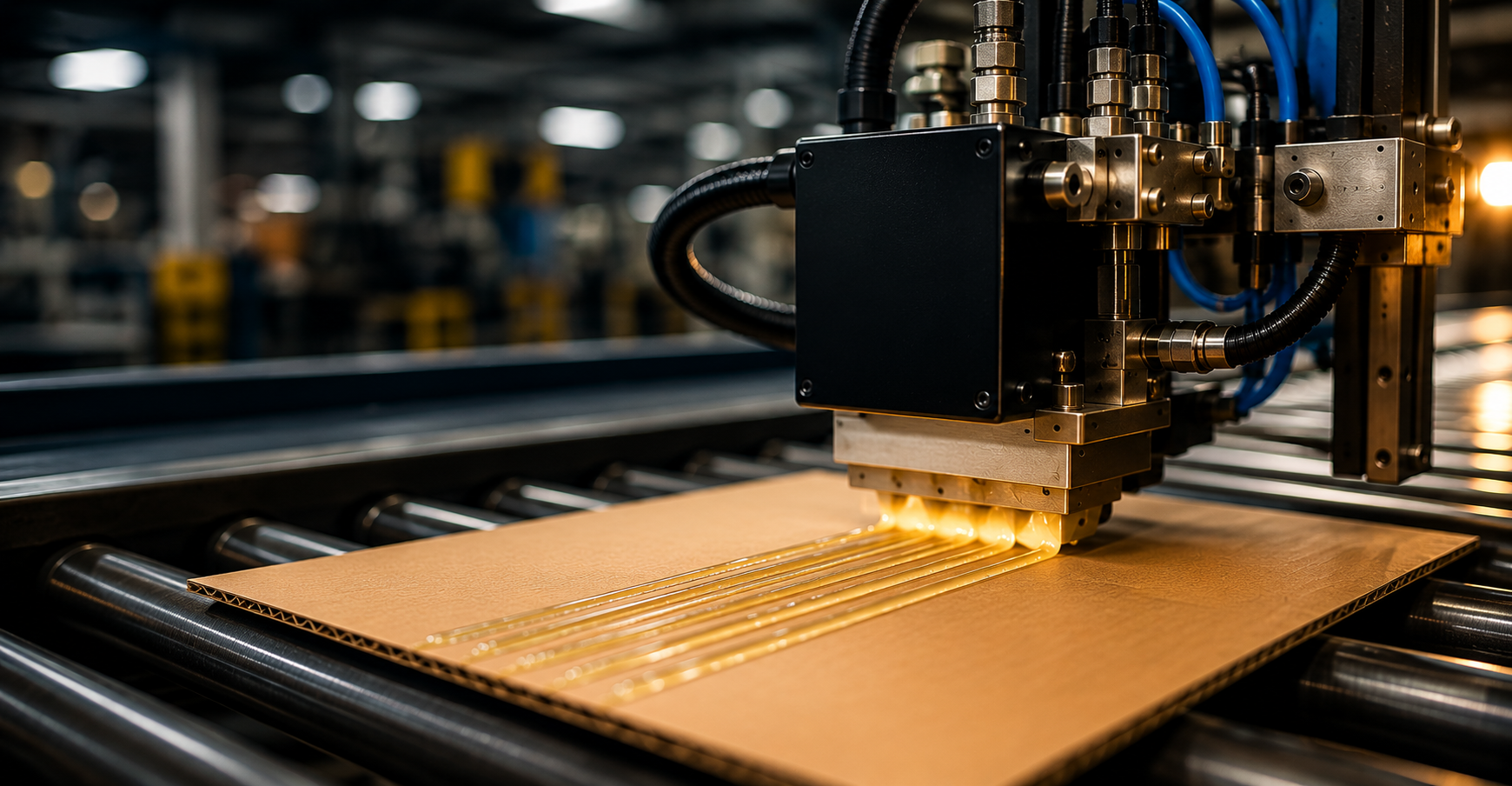 Aplicador industrial Hot Melt realizando aplicação de adesivo