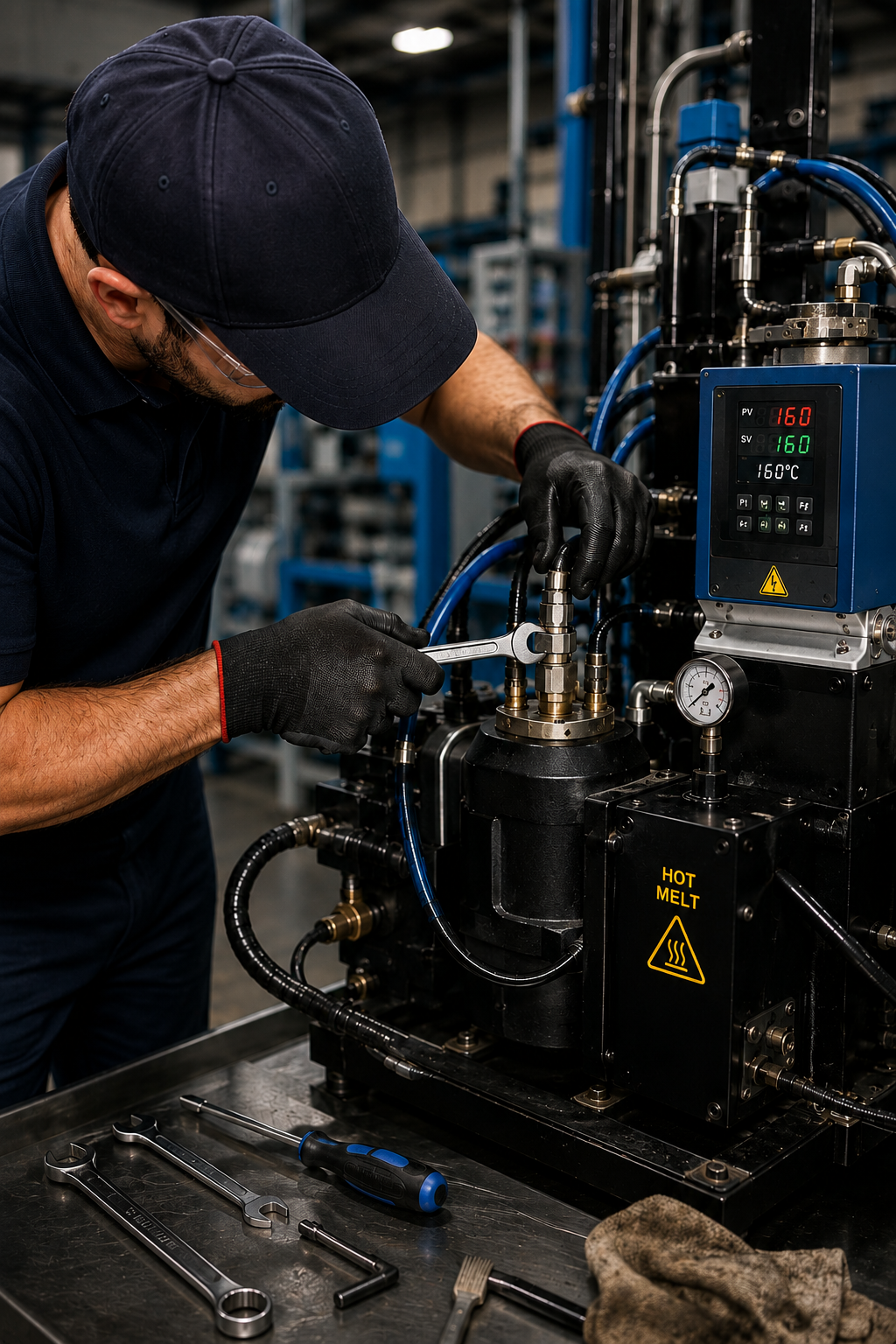 Técnico realizando manutenção em um sistema Hot Melt industrial